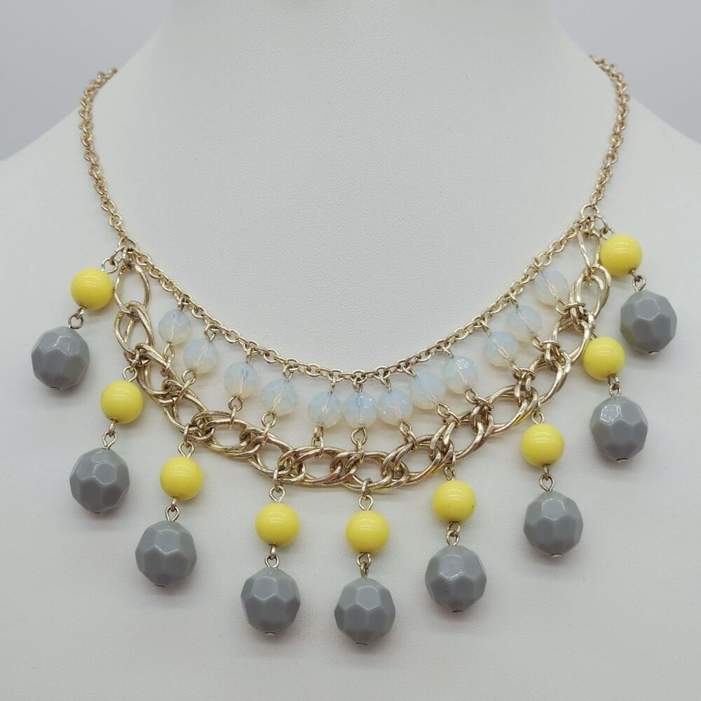 Y2K Statement Bib Layered Necklace Gray Yellow Opalescent Bead Maximalist Retro